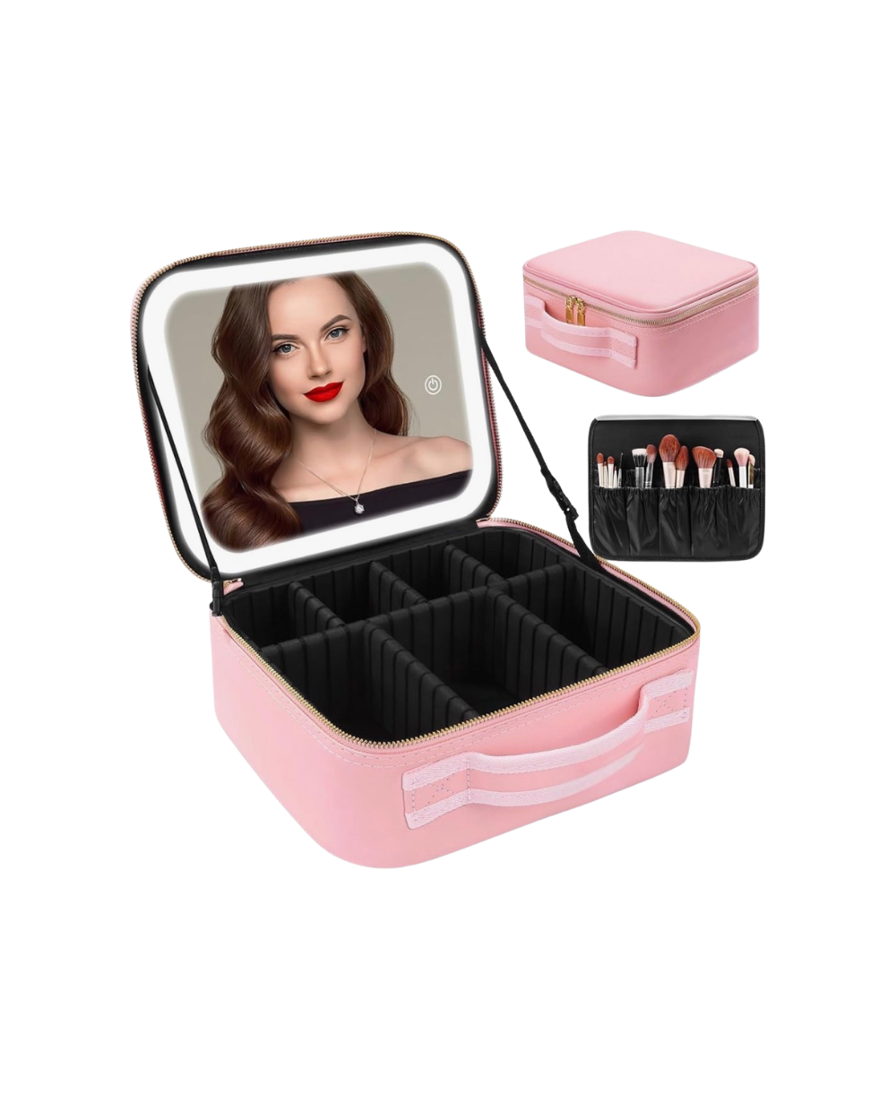 Borsa Cosmetica da Viaggio con Specchio, Portatrucchi Professionale da Viaggio Con Scompartimenti, Beauty Case per Donna Ragazza Uomo, Borsa Make Up Portatile per Pannelli - Rosa