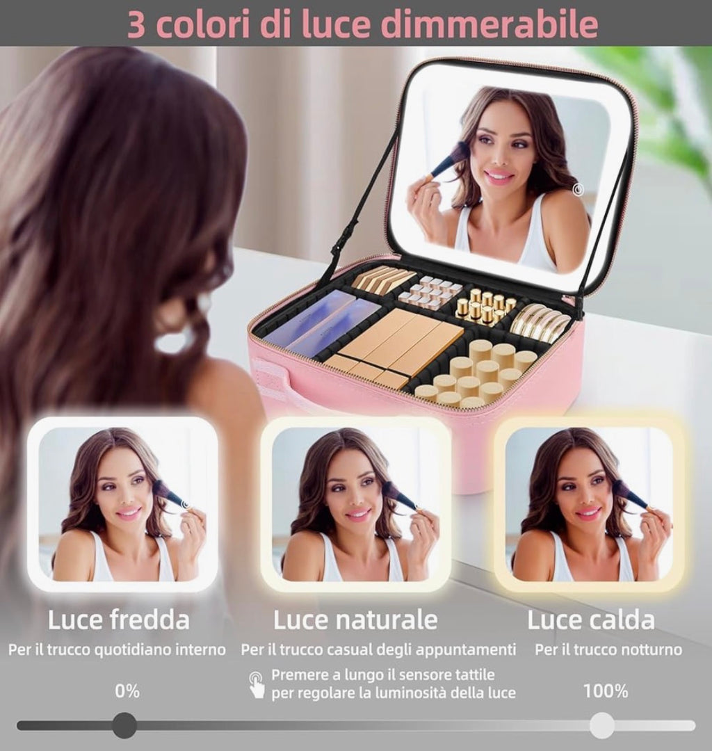 Borsa Cosmetica da Viaggio con Specchio, Portatrucchi Professionale da Viaggio Con Scompartimenti, Beauty Case per Donna Ragazza Uomo, Borsa Make Up Portatile per Pannelli - Rosa