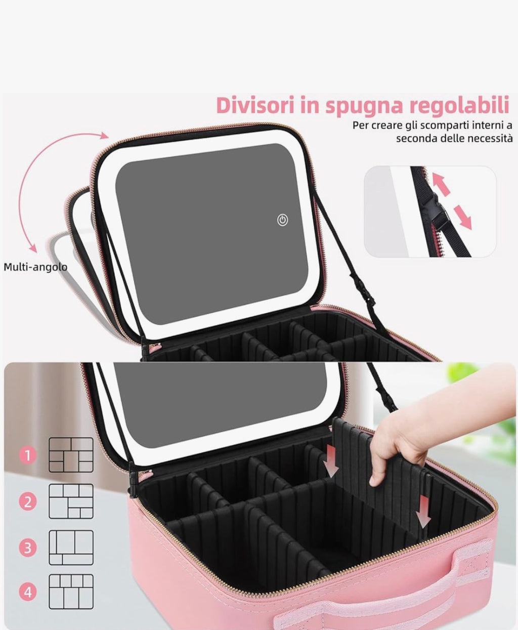 Borsa Cosmetica da Viaggio con Specchio, Portatrucchi Professionale da Viaggio Con Scompartimenti, Beauty Case per Donna Ragazza Uomo, Borsa Make Up Portatile per Pannelli - Rosa