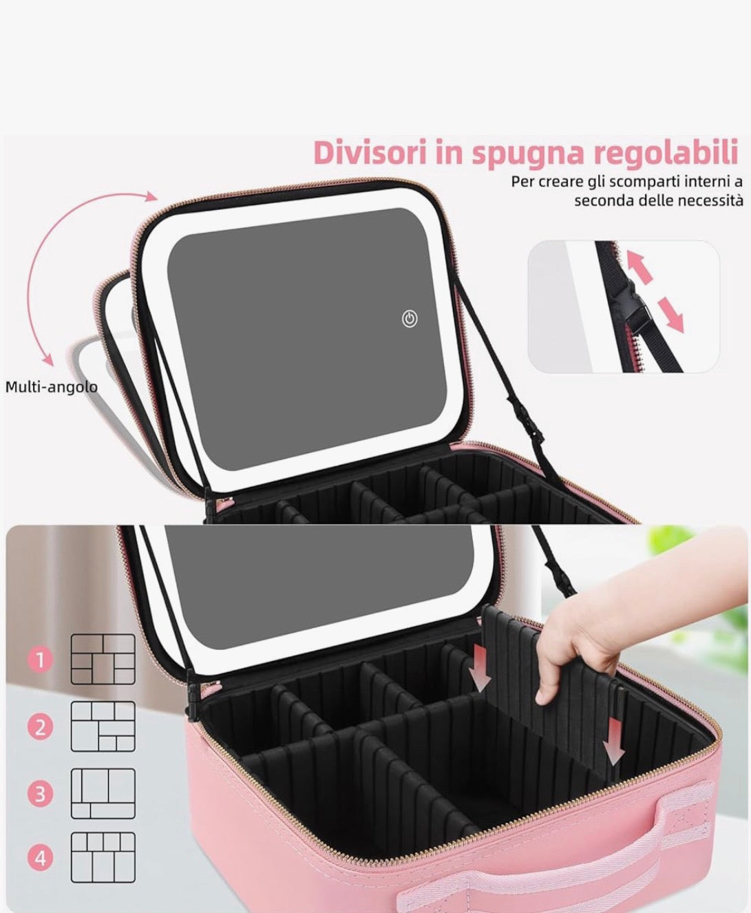Borsa Cosmetica da Viaggio con Specchio, Portatrucchi Professionale da Viaggio Con Scompartimenti, Beauty Case per Donna Ragazza Uomo, Borsa Make Up Portatile per Pannelli - Rosa