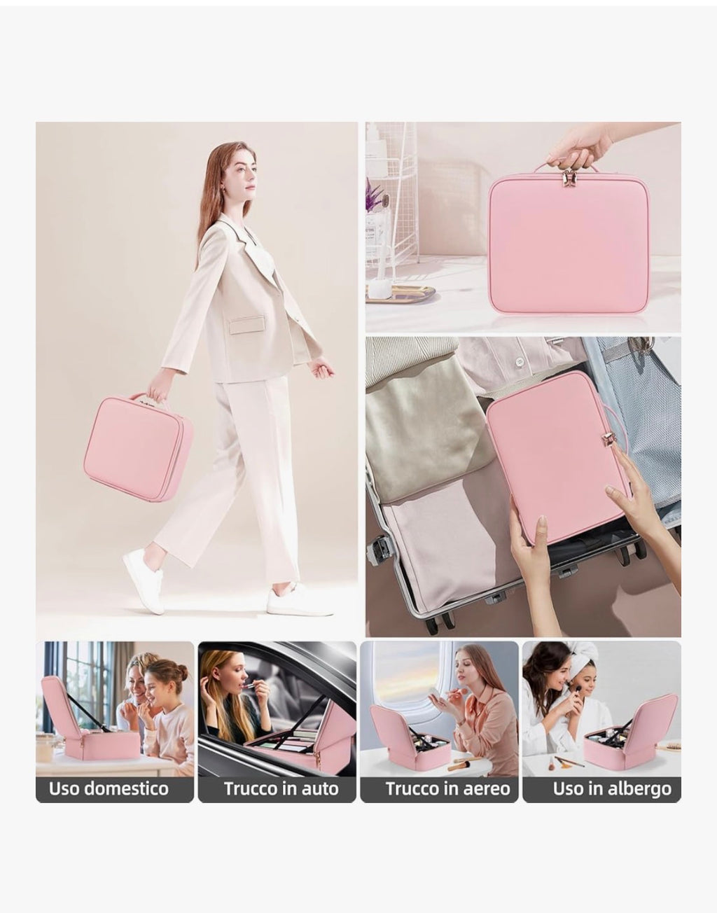 Borsa Cosmetica da Viaggio con Specchio, Portatrucchi Professionale da Viaggio Con Scompartimenti, Beauty Case per Donna Ragazza Uomo, Borsa Make Up Portatile per Pannelli - Rosa