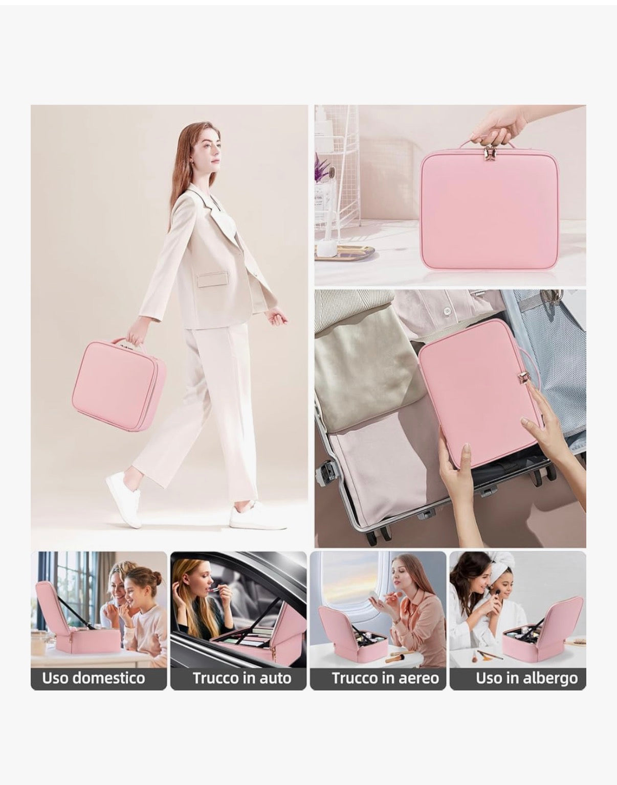 Borsa Cosmetica da Viaggio con Specchio, Portatrucchi Professionale da Viaggio Con Scompartimenti, Beauty Case per Donna Ragazza Uomo, Borsa Make Up Portatile per Pannelli - Rosa