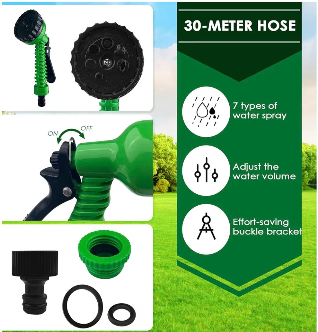 Tubo Estendibile da Giardino, Tubo per Irrigazione con 7 Modalità di Spruzzo Funzioni, Manichetta per Irrigazione con Pistola Acqua Per Lavaggio Auto, Giardino, Prato