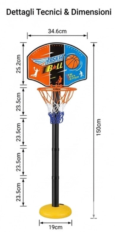 Canestro da Basket Professionale per Bambini - Altezza Regolabile fino a 150 cm - Base Riempibile con Acqua o Sabbia - Gioco Sportivo per Interni ed Esterni