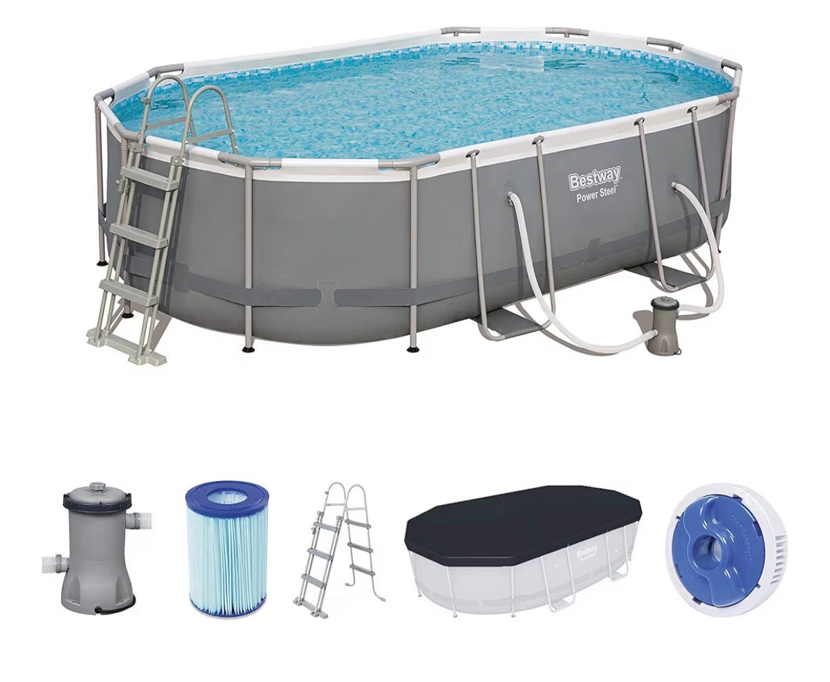Piscina Bestway Power Steel - Set Completo Ovale con Pompa filtro, scala e telone, 488 x 305 x 107cm