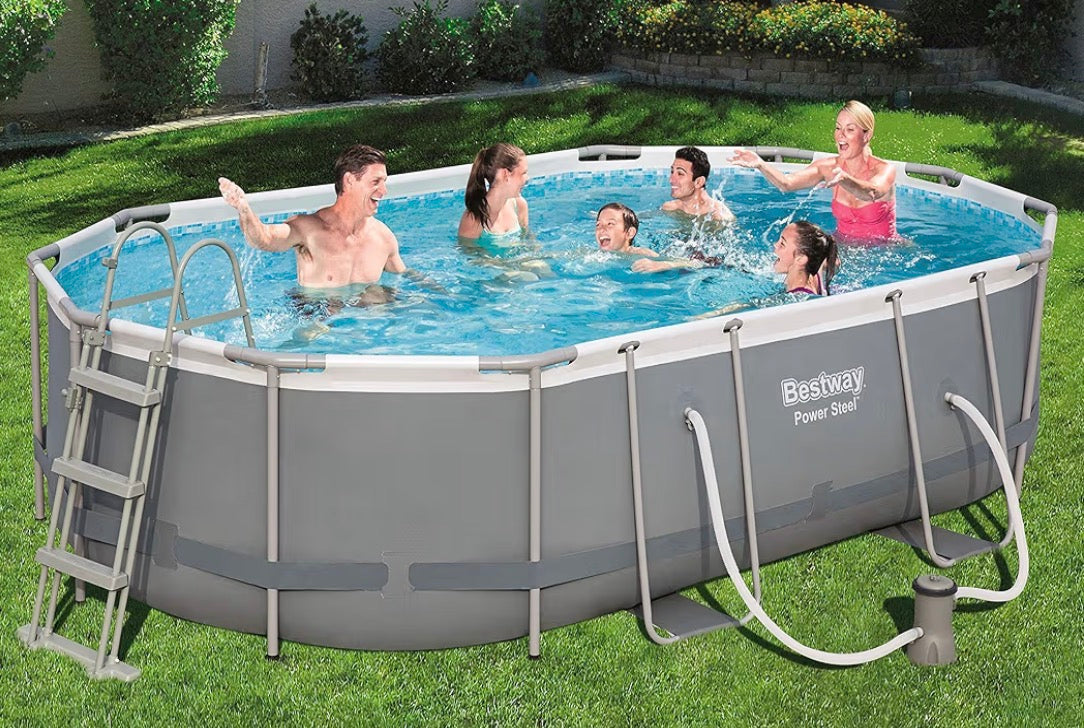 Piscina Bestway Power Steel - Set Completo Ovale con Pompa filtro, scala e telone, 488 x 305 x 107cm