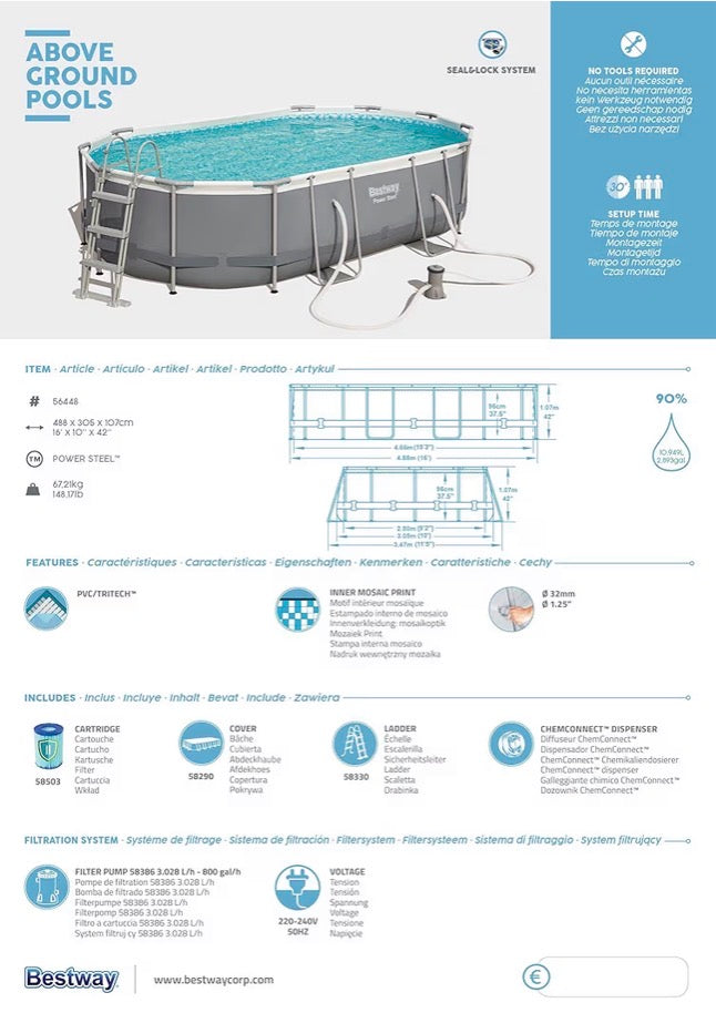 Piscina Bestway Power Steel - Set Completo Ovale con Pompa filtro, scala e telone, 488 x 305 x 107cm