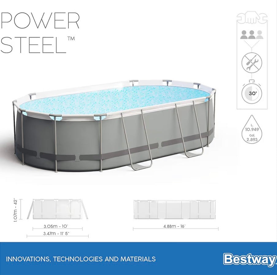 Piscina Bestway Power Steel - Set Completo Ovale con Pompa filtro, scala e telone, 488 x 305 x 107cm