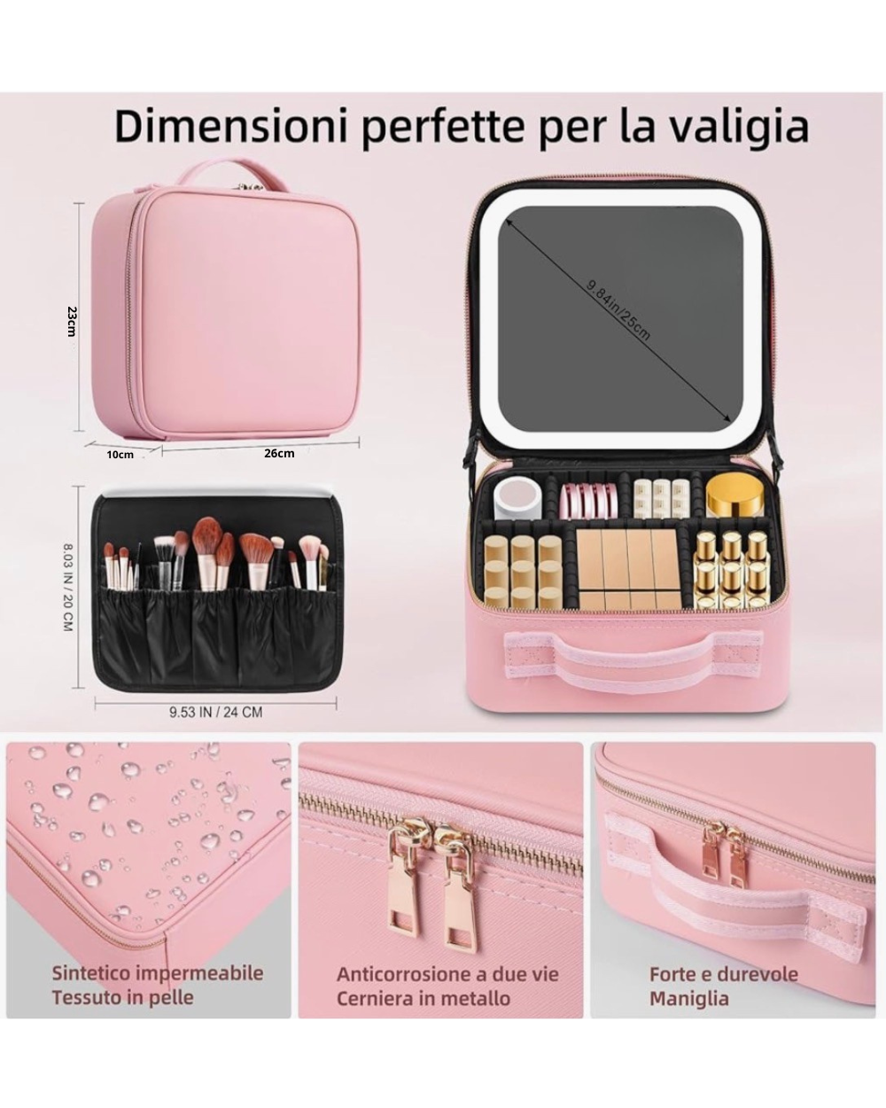 Borsa Cosmetica da Viaggio con Specchio, Portatrucchi Professionale da Viaggio Con Scompartimenti, Beauty Case per Donna Ragazza Uomo, Borsa Make Up Portatile per Pannelli - Rosa
